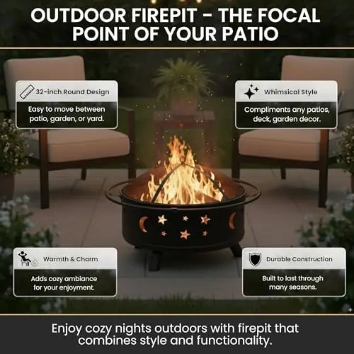 Fire Pit - 32-Inch Outdoor Wood Burning Firt with Sn, Poker, and Cover - Outdoor Fire Pits for Backyard, Deck, or Patio