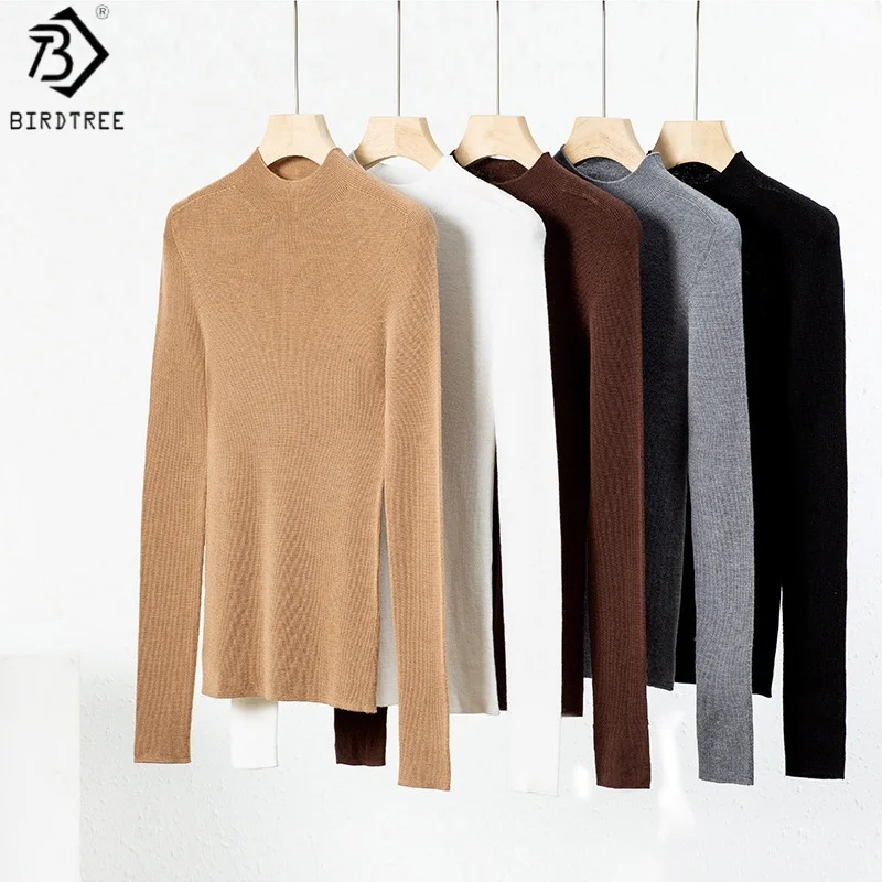 

Birdtree, трикотажная однотонная майка из 100% овечьей шерсти, женский свитер с длинными рукавами и воротником-стойкой, осенний теплый пуловер 2025 T59822JF