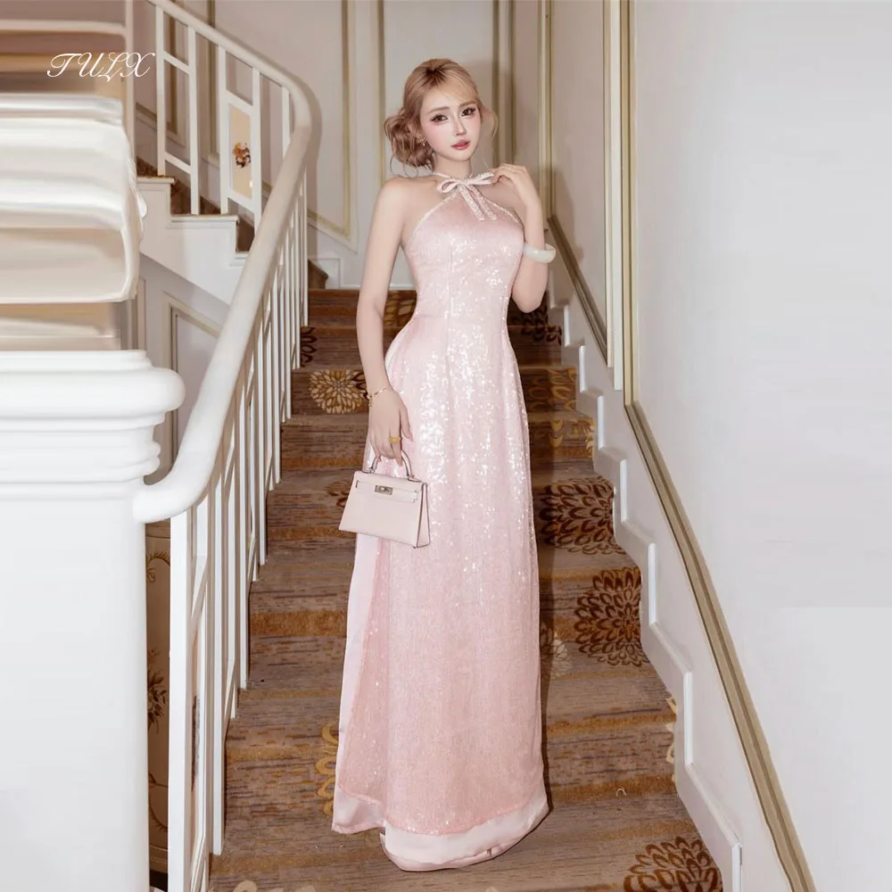 TULX 高級ピンクキラキラレースイブニングドレスホルターネックノースリーブパーティードレス A ラインロングフォーマルオケージョンドレスカスタマイズ 2026