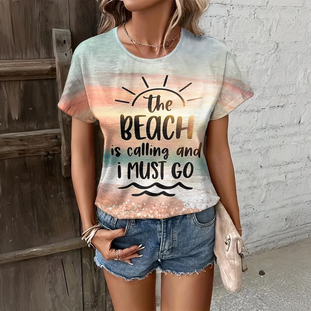 Summer Fashion Beach Holiday Style O-neck Women's Loose T-shirts 2024 New Short Sleeves T shirt Casual Trend Women Clothing Tops