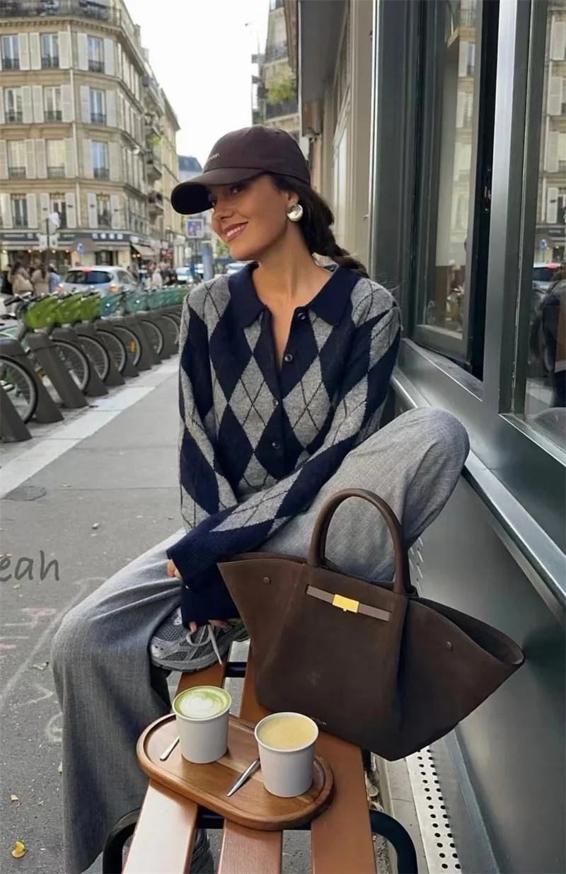 Guobioziy 2026 Women's Jacket Autumn New Style Diamond Pattern Long-Sleeve College-Style Knit Cardigan Jacket Casual Simple