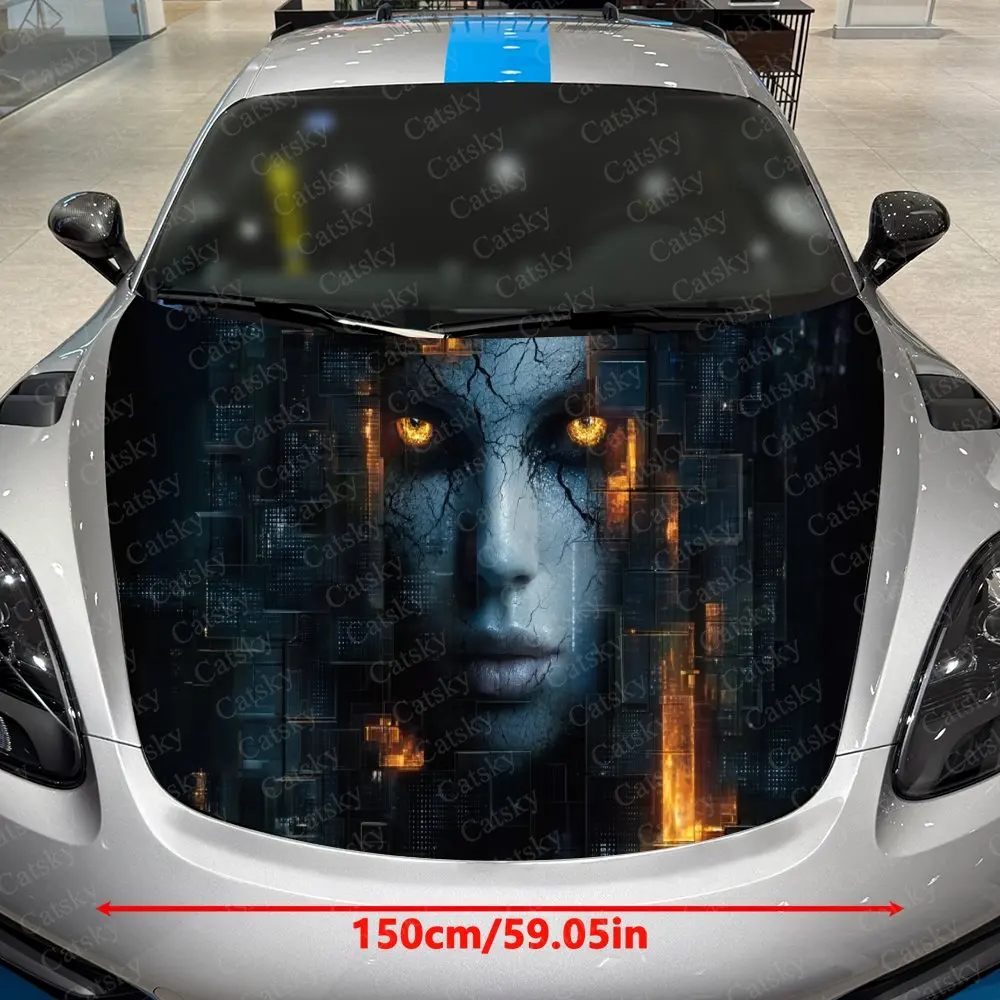 Cyber Cracked Eyes Car Vinyl Wrap, PVC Material Waterproof Car Hood Sticker, Self-Adhesive Scratch-Resistant Stickers for Engine