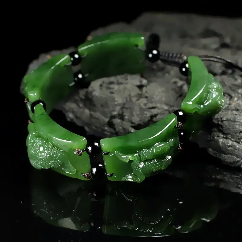 

Natural 100% real green hetian jade Carve Five Poisons beads round beads bracelets for couples woman men Gift with jade bracelet