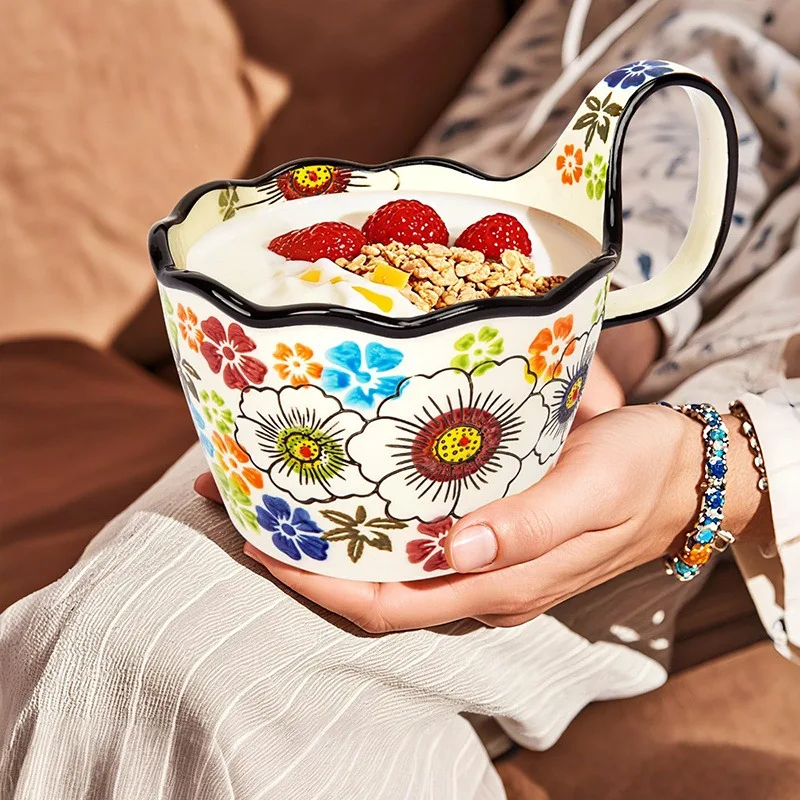 1 tasse en céramique florale peinte à la main avec poignée, compatible micro-ondes, isolée pour boissons chaudes et froides, tasse à café