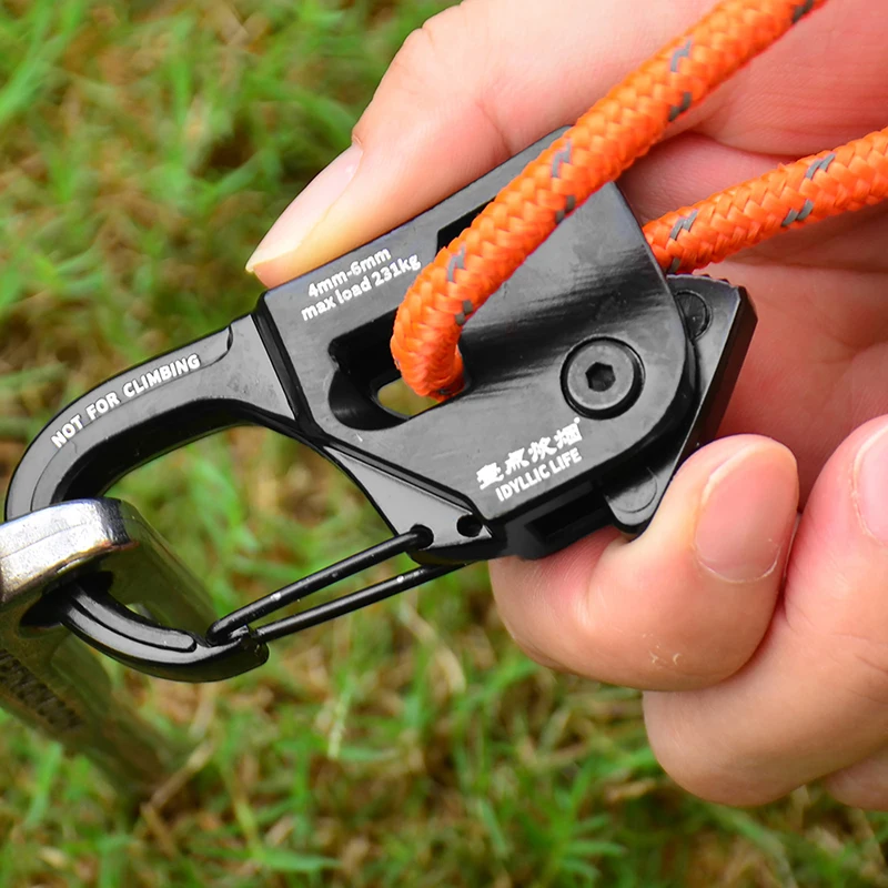 Automatischer Seilspanner mit Ein-Knopf-Freigabe, Seilstraffer für Campingseile, Selbstverriegelnder Karabiner für Outdoor-Planen und Unterstände
