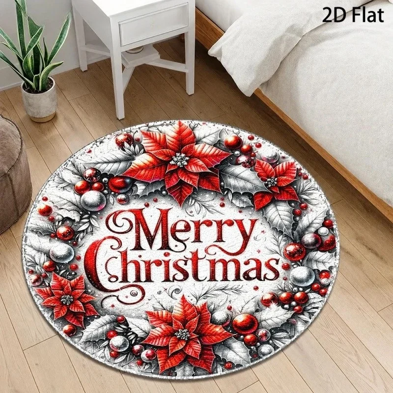 Poinsettia Merry Christmas Round Area Rug, Berry Ball Wreath Printed Floor Mat, Winter Holiday Home Decor