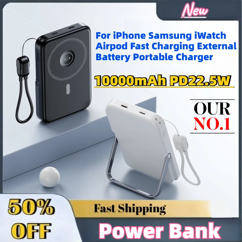 

Upgrade 10000mAh PD 22.5W Wireless Power Bank For iPhone Samsung iWatch Airpod Fast Charging External Battery Portable Charger