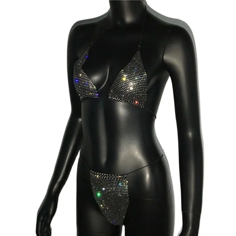 Bling Rhinestones Bra Panty Set Women Sexy Halter Bra Sexy Panty Two Piece Set Summer Beach Outfits Party Club Matching Sets