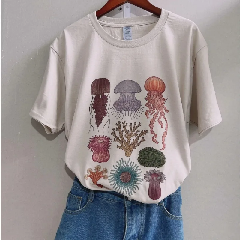 Women JellyFish Seafood Fashion Cotton T-Shirt Women Vintage Grunge Aesthetic New Women's ComfortableT-Shirt Female Clothing