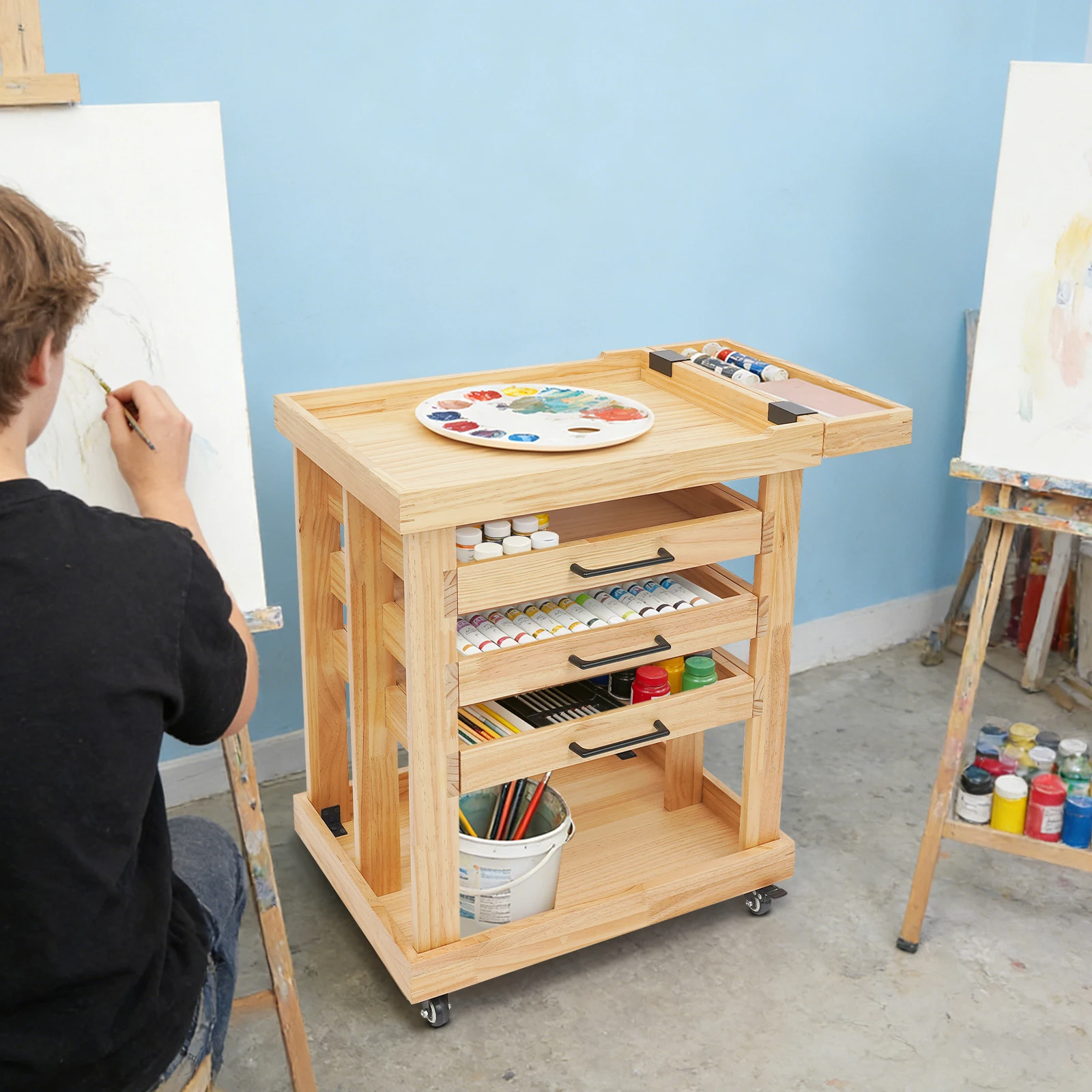 

Тележка для хранения художественных принадлежностей: 5-ярусная тележка на колесиках из массива бука с 3 ящиками - органайзер для рукоделия на 4 колесах