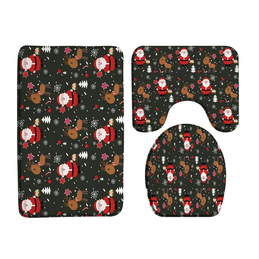 3Pcs Christmas Red Buffalo Plaid Bath Rug Sets Xmas Tree Reindeer Santa Claus Kids Bathroom Mat Non Slip Carpet Toilet Lid Cover