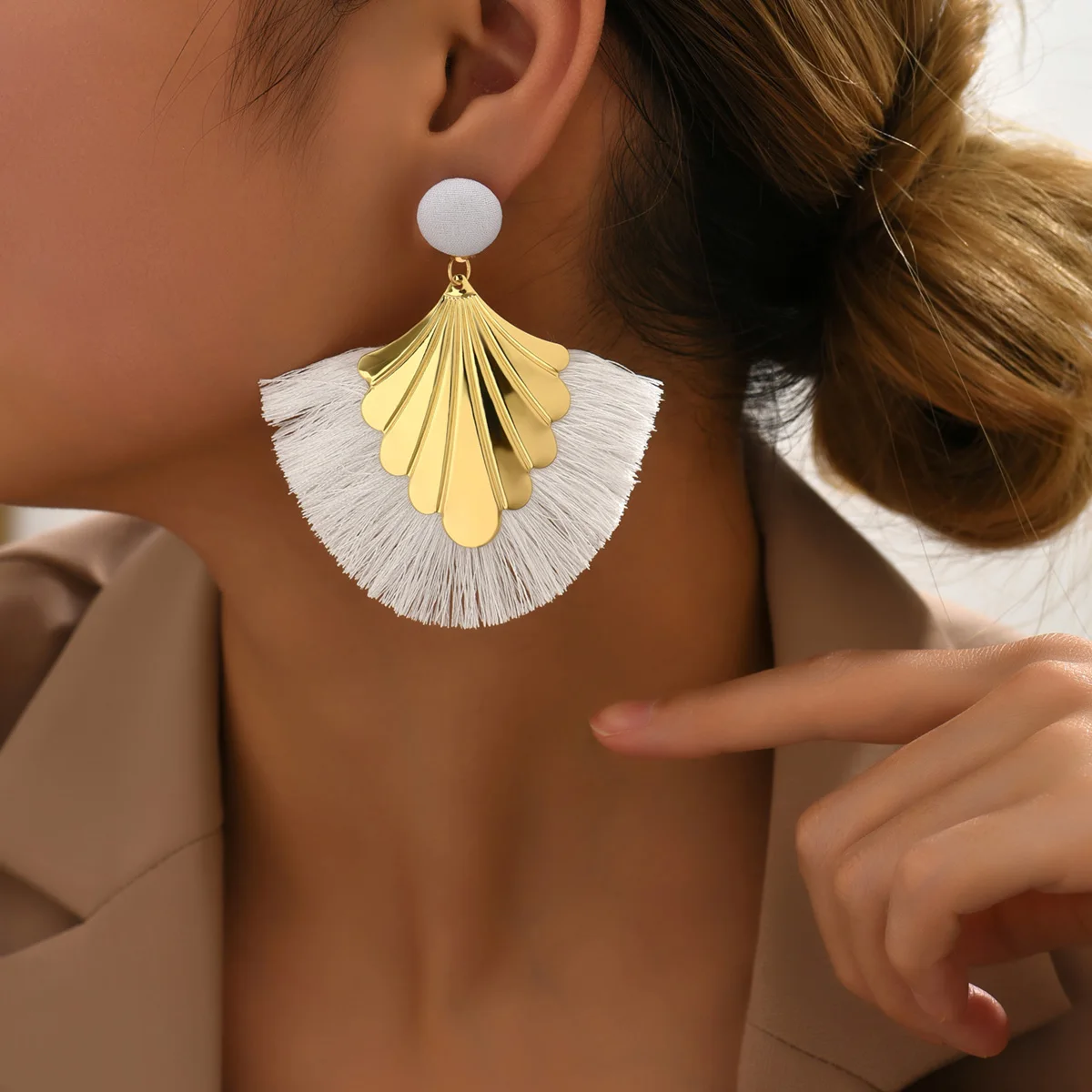 Bohemian fan shaped tassel earrings with fashionable ripple design and exaggerated style earrings view 2