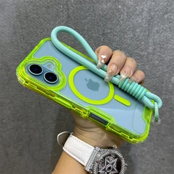 For Magsafe Magnetic Transparent Wrist Strap Case For iPhone 16 Pro Max 15 13 12 11 14 Plus Candy Armor Bumper Shockproof Cover