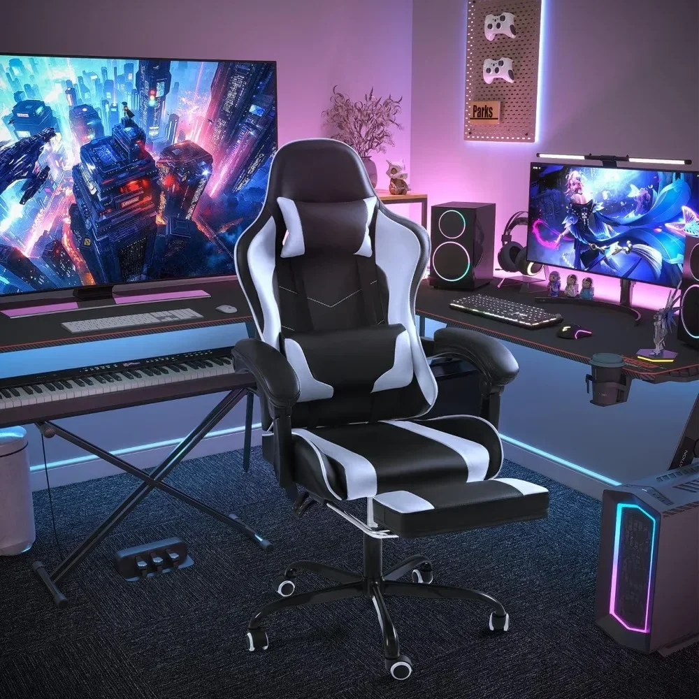 Gaming Chair with Footrest and Massage Lumbar Support, Video Game Chairs 360°Swivel and Height Adjustable Seat