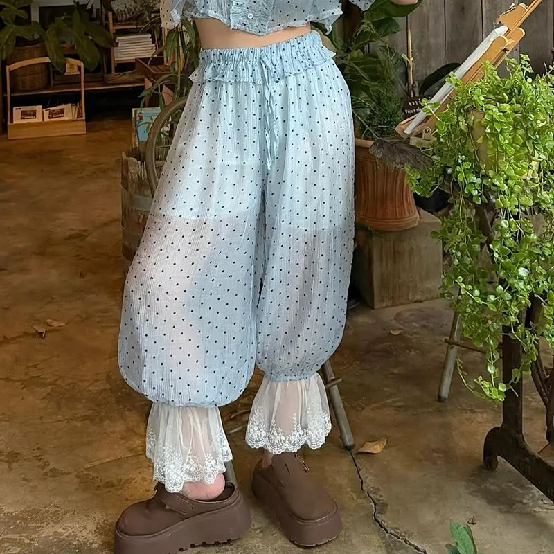 Women's Cropped Bloomers Sheer Lace Hemmed Trim Loose Y2k Dot Print Tied Mid Rise Capris Calf-Length Lantern Trousers