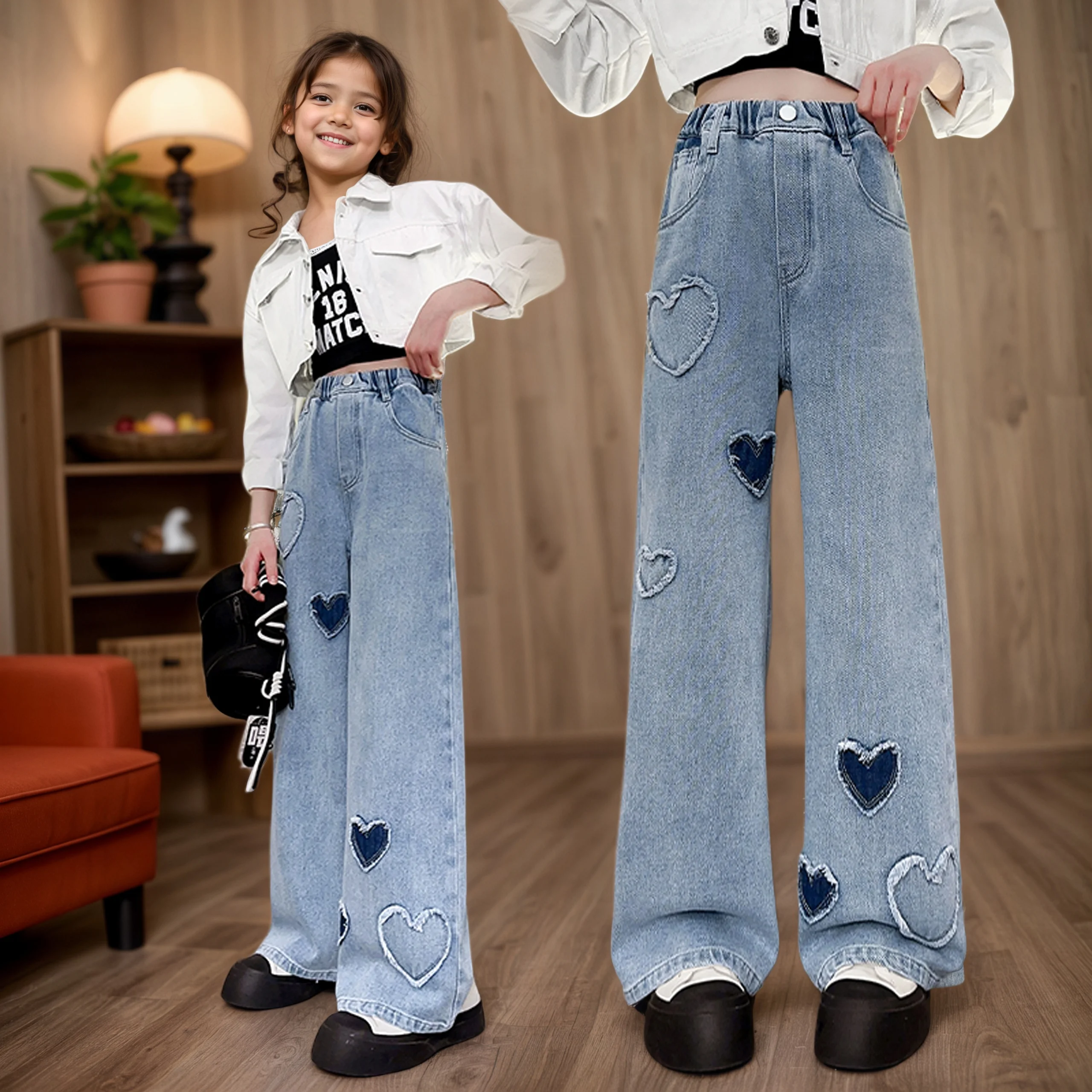 

Милые джинсовые широкие брюки для девочек, весенне-осенняя прямая верхняя одежда для детей 5-15 лет