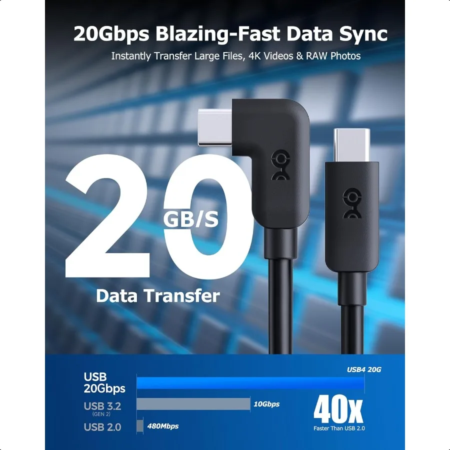 كابل USB C بزاوية قائمة 20 جيجابت في الثانية منافذ 6 أقدام حتى [8 كيلو @ 30 هرتز 4 كيلو @ 120 هرتز فيديو 240 وات شحن نقل بيانات 20 جيجابت في الثانية] كابل USB C بزاوية 90 درجة