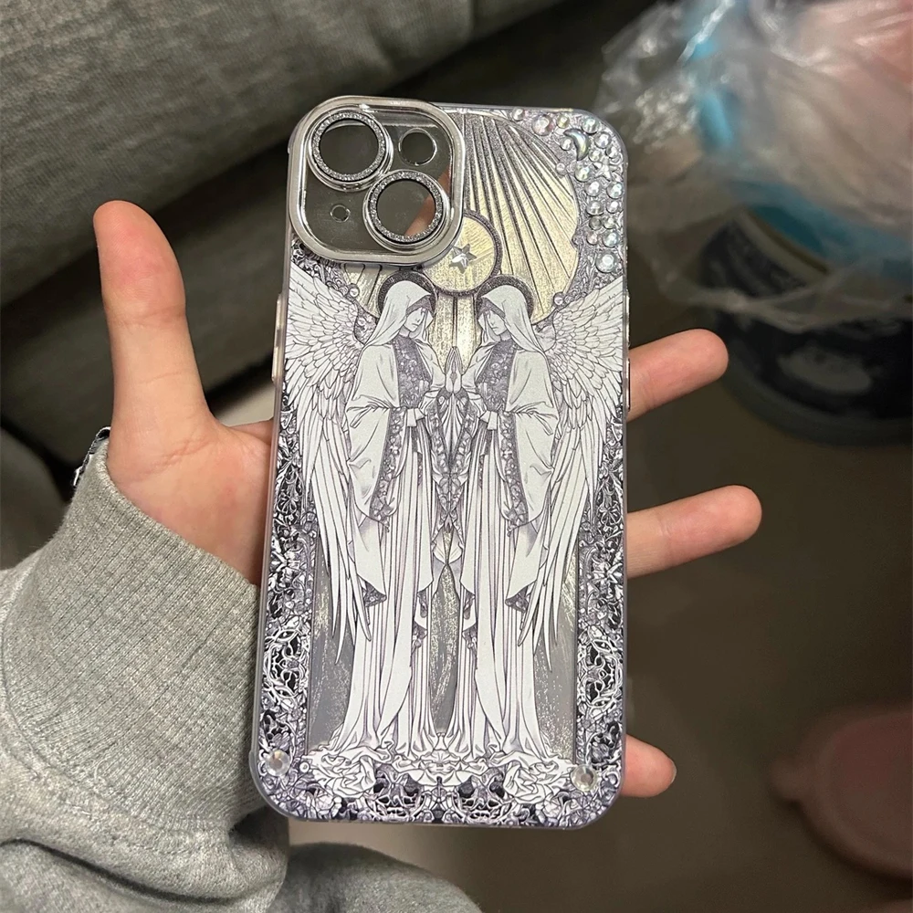 Luxury White Angel Cupid plating silver Case protection for iPhone 16 15 13 12 11 14 Pro Max 15 Plus Coque