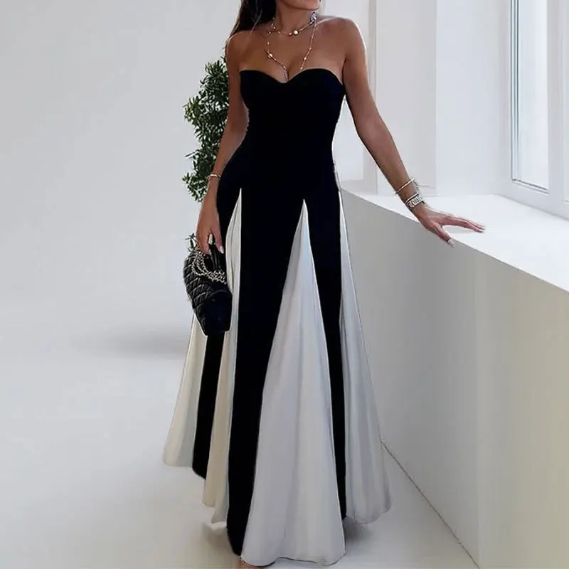 2026 European and American Fashion Temperament Suspender Contrasting Color Loose Wide Swing Vacation Waist Dress
