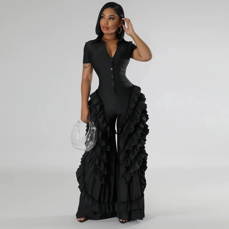 

BWQ Fashion Women Mult Ruffles Short Sleeve Zipper Fly Wide Leg Shirt Jumpsuit 2024 Streetwear Romper One Piece Set Playsuit