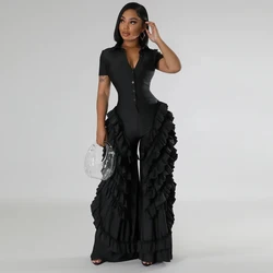 BWQ Fashion Women Mult Ruffles Short Sleeve Zipper Fly Wide Leg Shirt Jumpsuit 2024 Streetwear Romper One Piece Set Playsuit