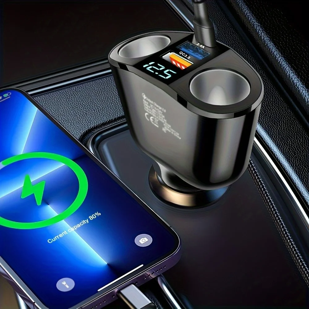 Multiple Devices Can Be Charged at the Same Time with Digital Display Car Charg Dual-port Car Charger Adapter