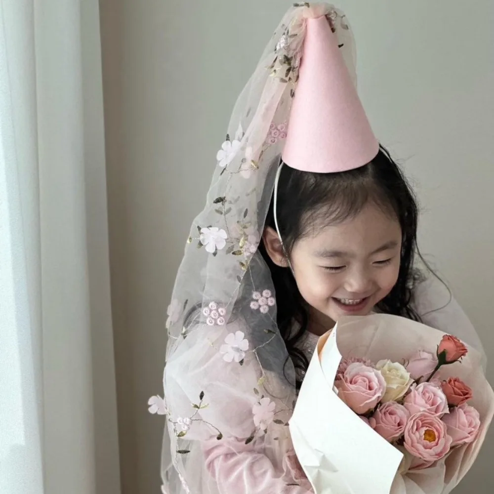 Ins 거즈 생일 축하 모자, 메쉬 펠트 헤어 밴드, 꽃 파티 모자, 사진 소품