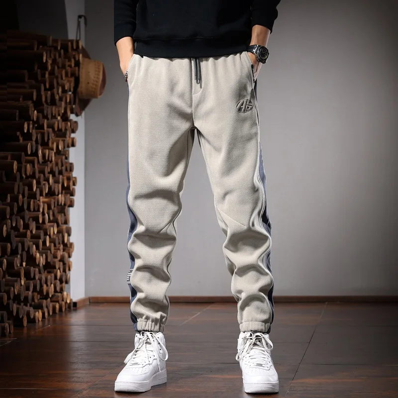 Side Stripe Sport Pants Men Casual Pencil Pants Autumn Fashion Patchwork Khaki Elastic Waist Joggers Trousers