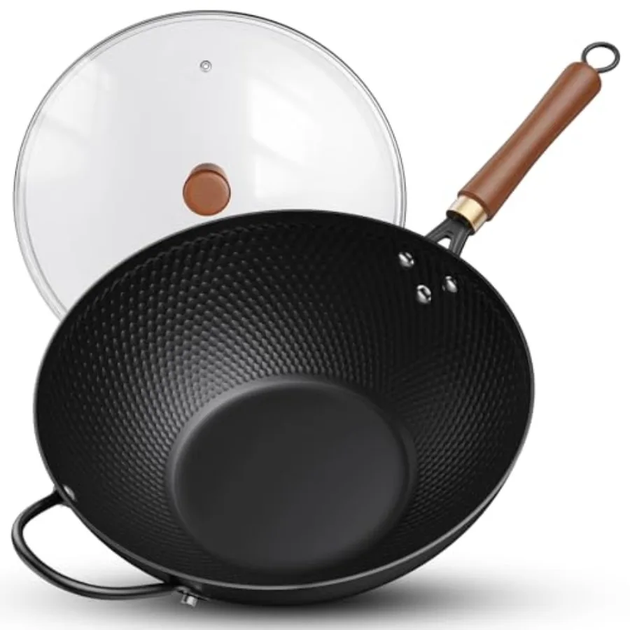 

Nonstick Wok, 13-Inch Carbon Steel Wok Pan with Glass Cover, Woks and Stir-Fry Pans for Induction, Electric, Gas, Halogen, All