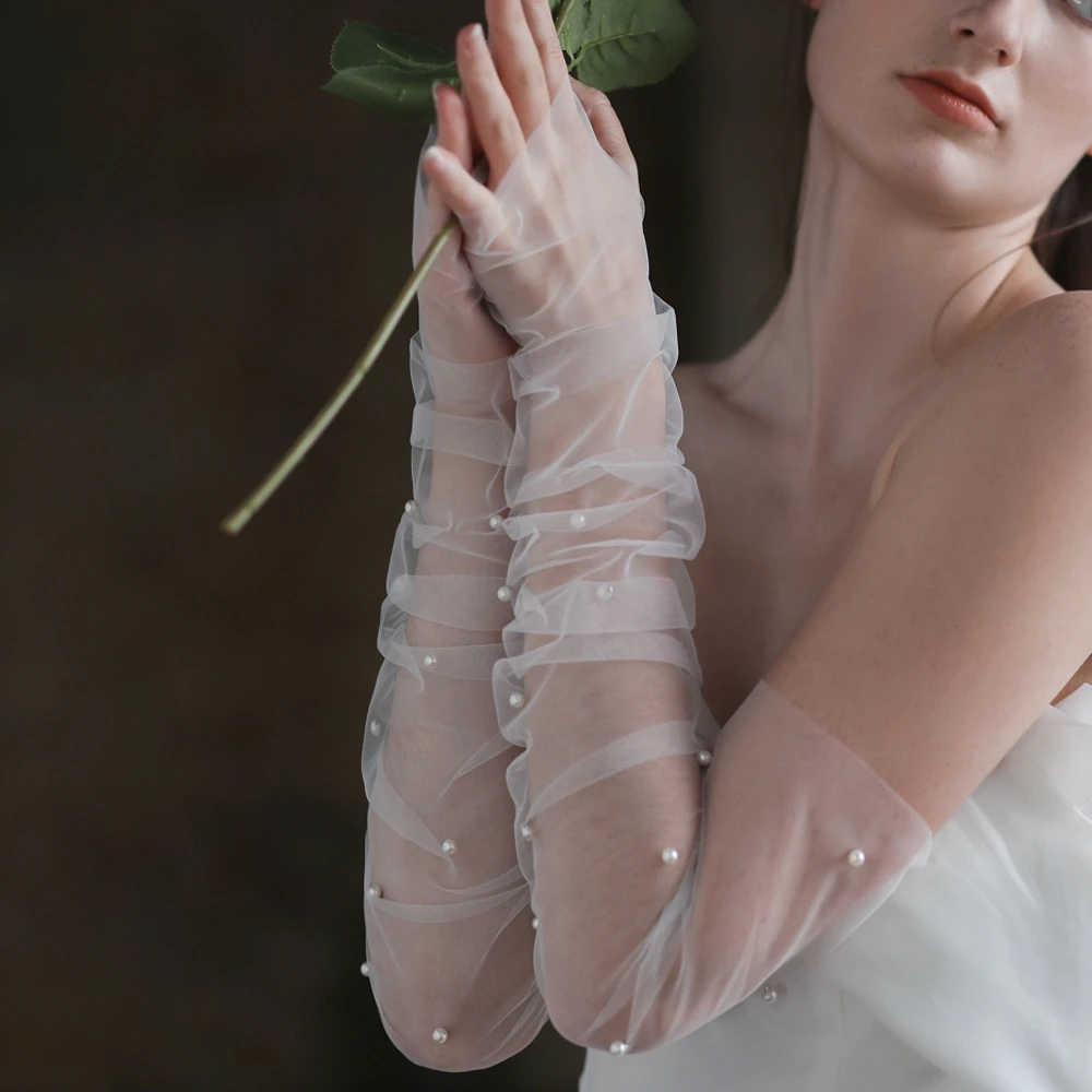 Wedding Fingerless White Gloves Long Tulle Pearls Brides Bridesmaid Sleevelet Women Pageant Prom Handschuh