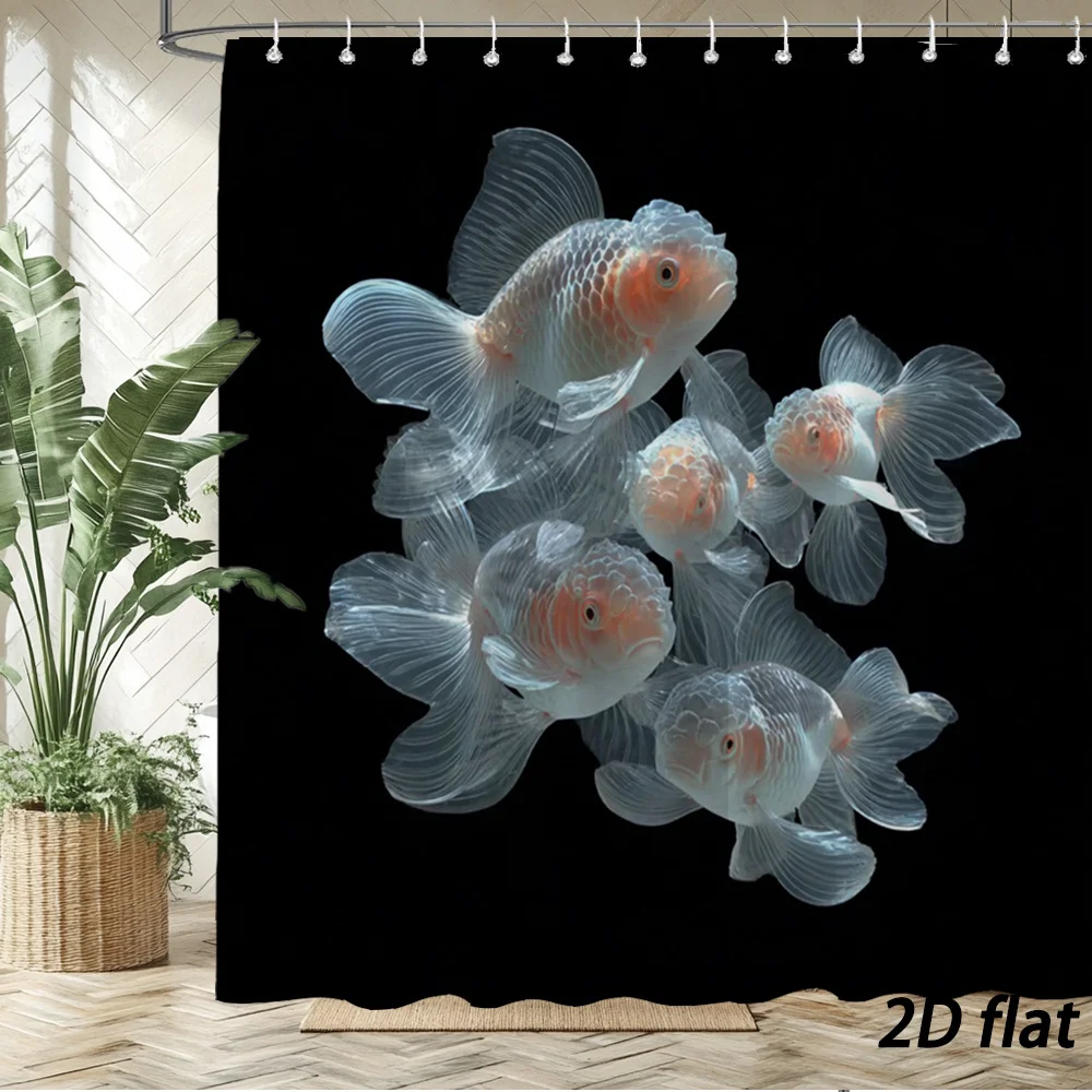 Goldfish Shower Curtain – 6 Translucent Oranda Fish, Black Background, 2D Flat, 12 Hooks, 70.8×70.8 in, Polyester,