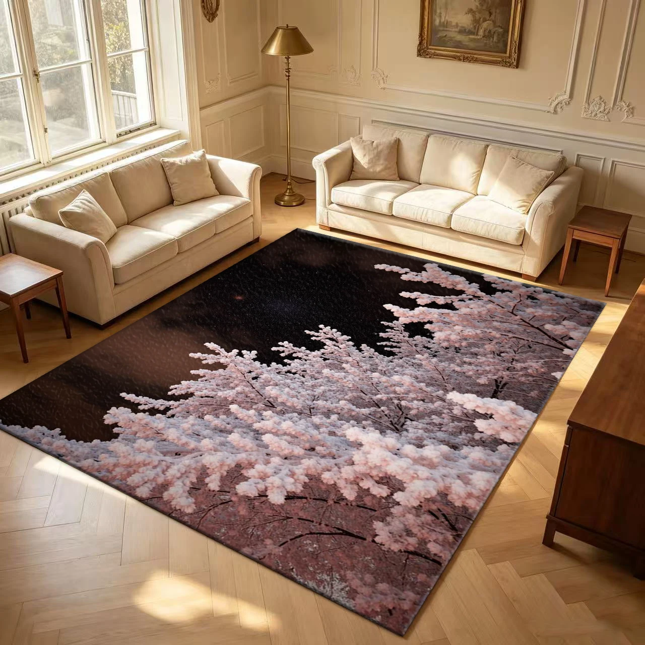 Pink Frosted Blossom Tree Starry Night Sky carpet flooring Romantic Scenery Floor Mat