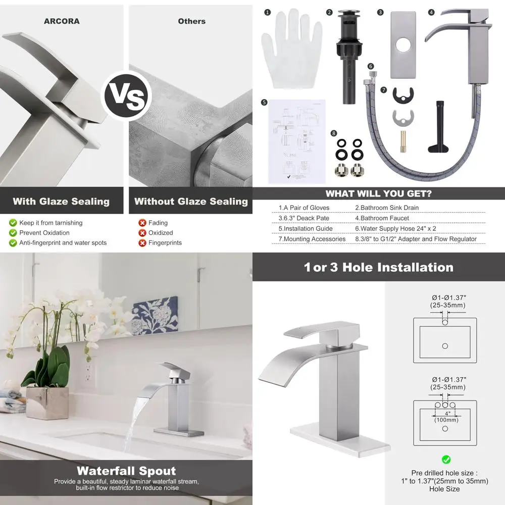 

Single Hole Brushed Nickel Bathroom Sink Faucet with Mixer Tap, Supply Lines, and Pop-Up Drain