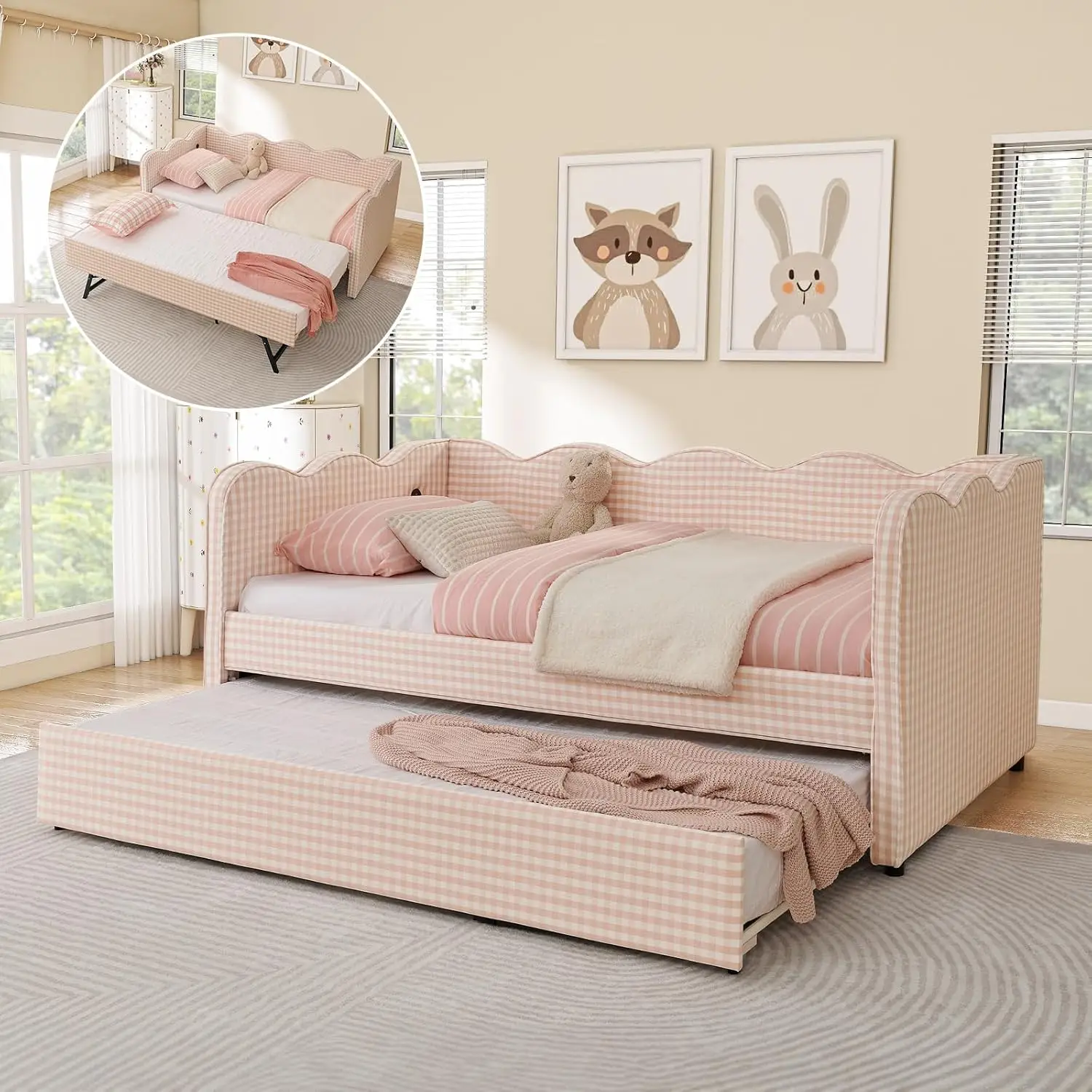 Twin Size Daybed with Pop Up Trundle, Linen Gingham Twin to King Daybed with USB Ports, Upholstered Day Bed Frame,, Customized