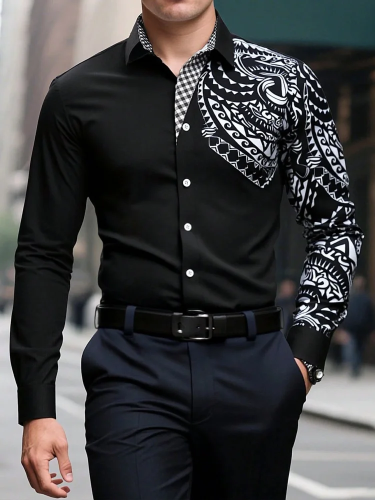 Men's asymmetrical Polynesian totem printed long sleeved shirt with checkered patchwork collar, business casual top