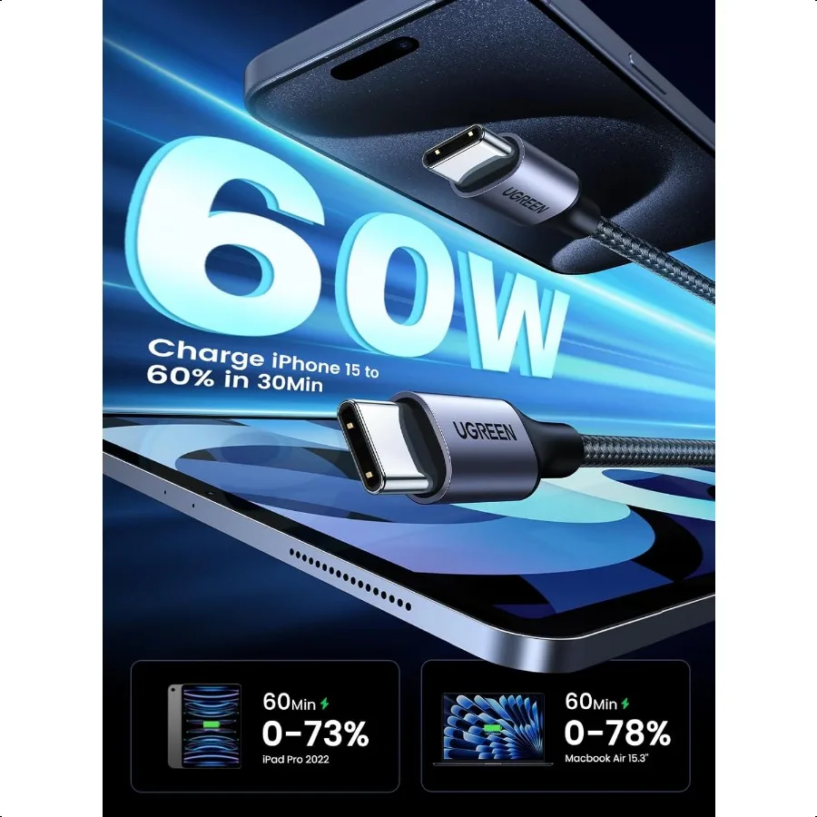 Cable USB C a USB C 3.3FT 60W Paquete de 2 cables USB C Cable trenzado de nailon tipo C para iPhone 16 15 Galaxy S24 S23 S22 Pixel 8 7 Libro A