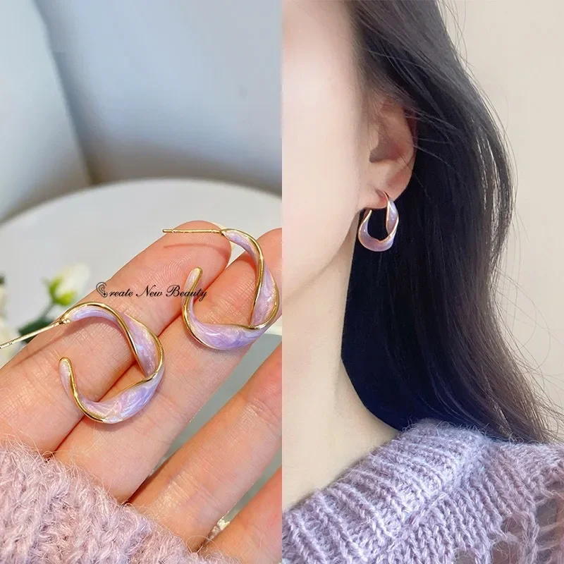 Ear Rings for Women Fashion Lavender Purple Metal Golden Twisted Art Line Hoop Earrings Solid Drop Glaze Simple Gift Jewelry