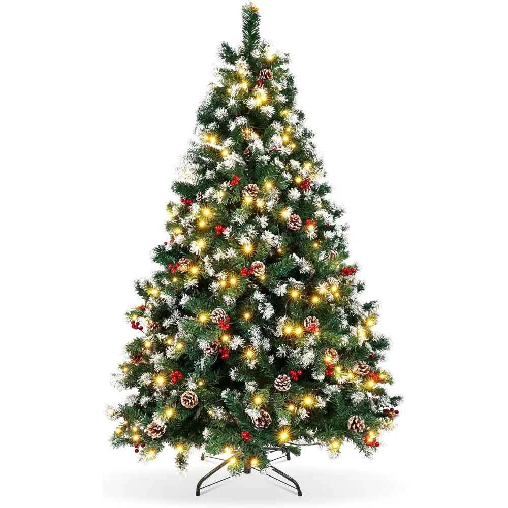 

Christmas Tree Prelit 6ft Artificial Christmas Trees with 250 Warm Lights, Pine, Berry, Metal Hinges & Base, 800 Branch Tips.