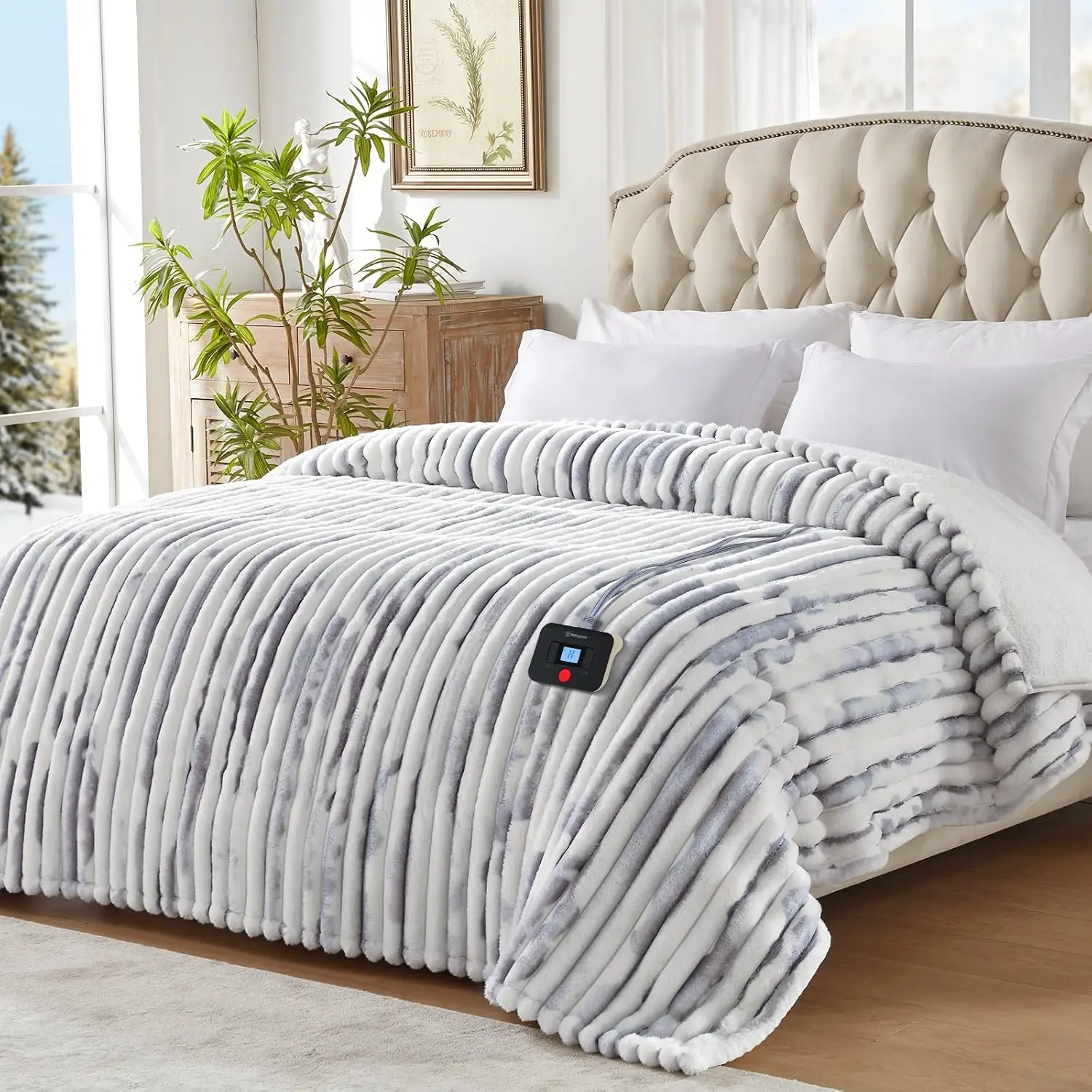 Electric Blanket Queen Size, Soft Luxury Faux Fur & Sherpa Heated Blanket with 10 Heating Levels & 1-12 Hours Auto Off, Fast Hea