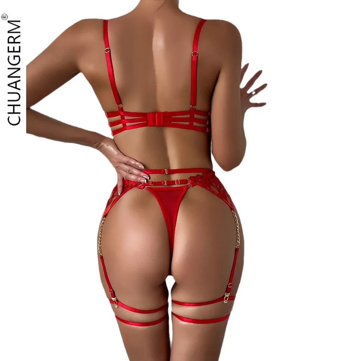 CHAUNGERM Red Hot Sexy Lingerie Push Up Fantasy Underwear Brazilian Intimate Sets Transparent Lace Luxury Obsessive Fine Outfits