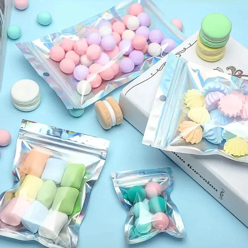 100pcs Holographic Resealable Mylar Bags Ziplock Candy Suger Tee Jewelry Beauty Storage Bag image 6