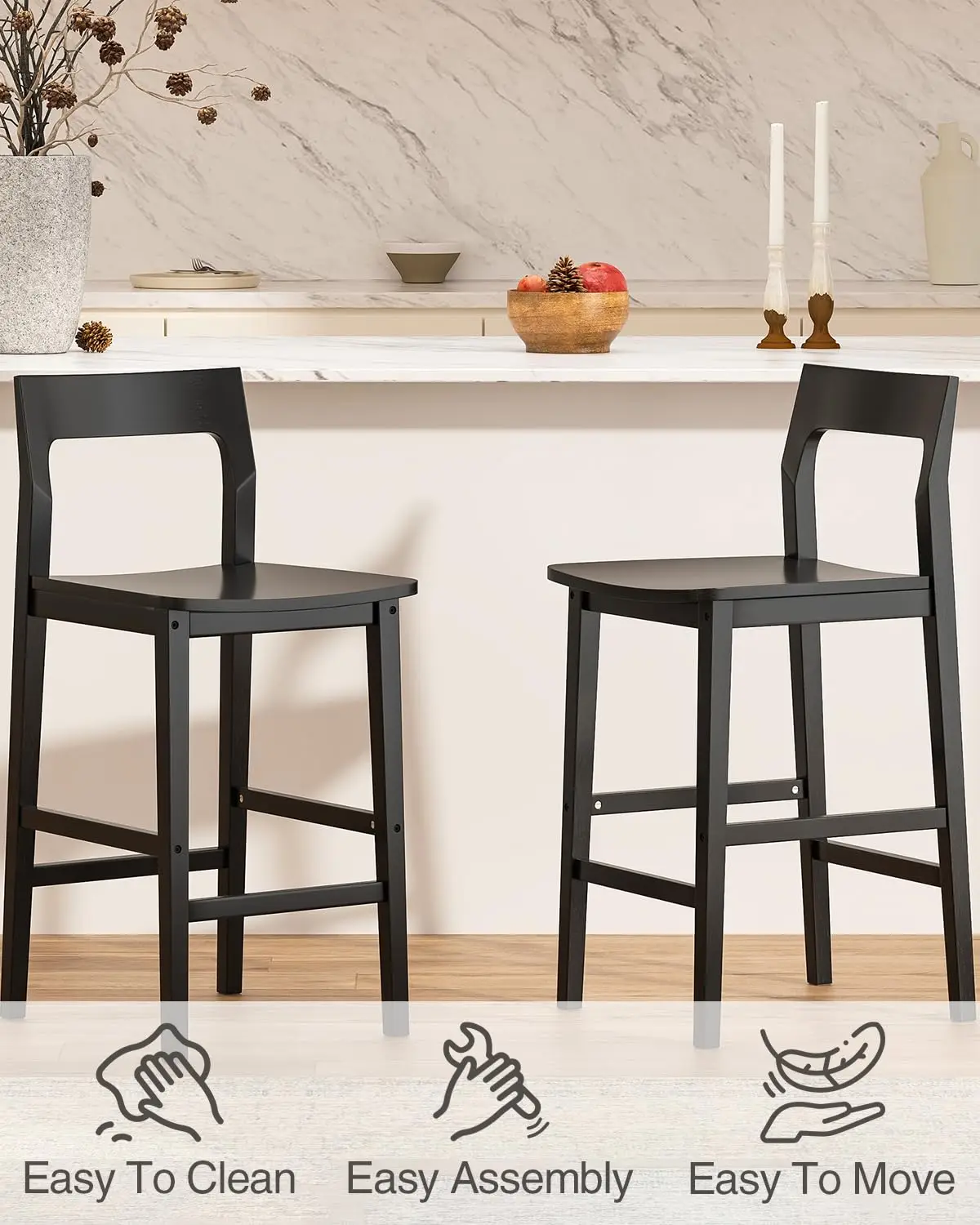 Modern Wood Barstools Set of 4, Counter Height Bar Stools Armless Farmhouse Wooden Bar Dining Chairs with Back & Footrest for Ki