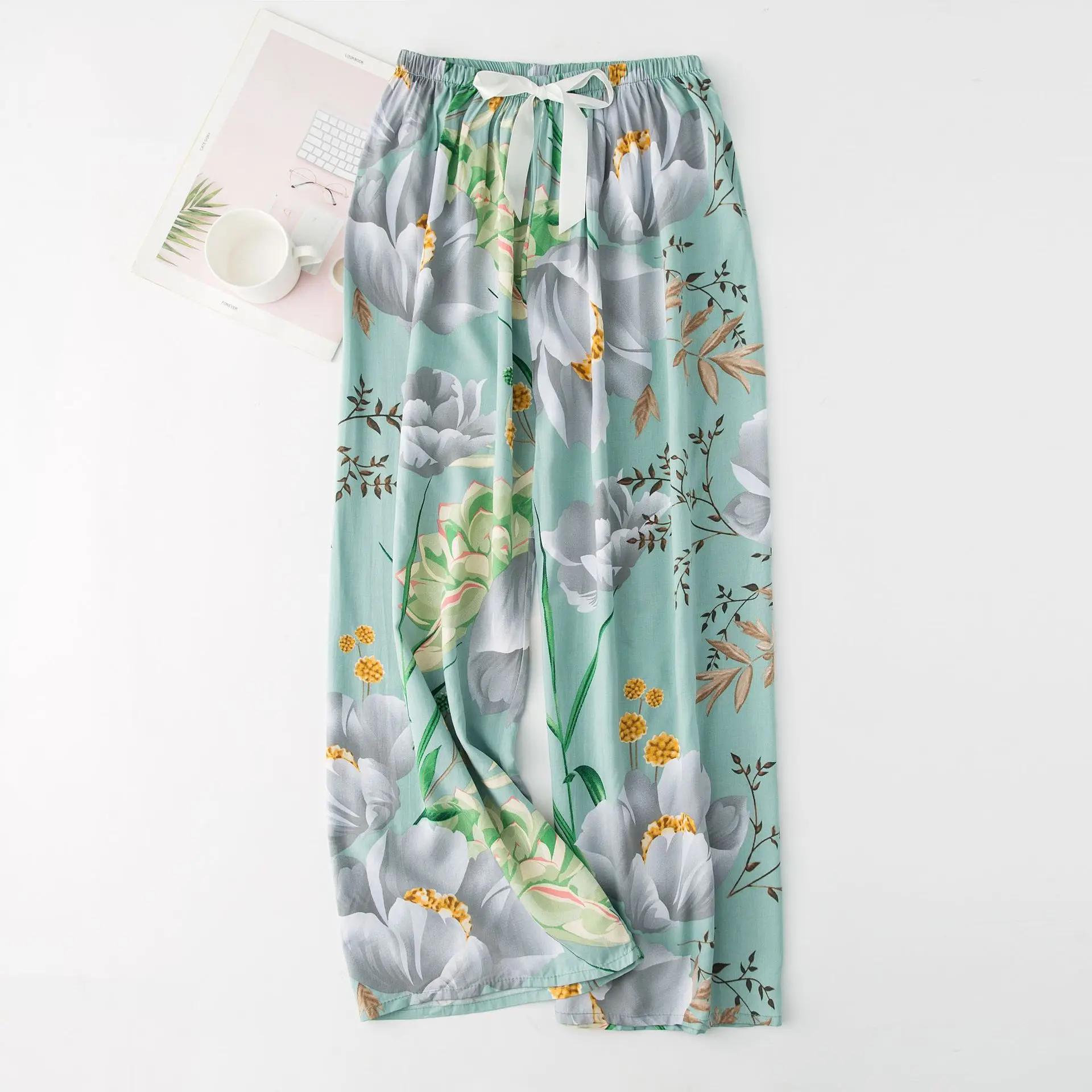 Soft Home Pants Women Spring Summer Sleep Pants Cute Floral Printed Pajama Pants Wide Leg Loose Plus Size Calf-length Bottoms