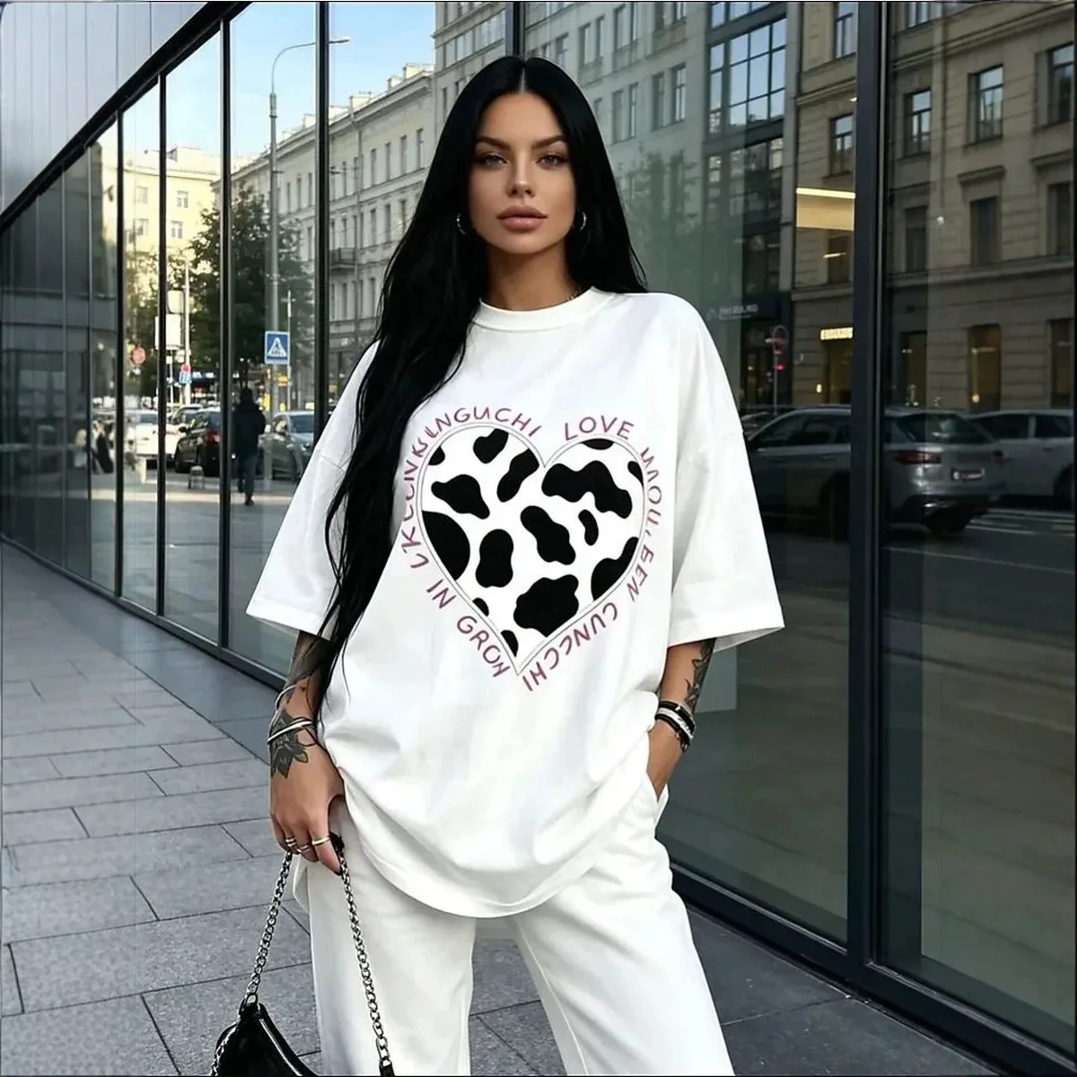 Sweet Funny Russian Fashion Cow Print Heart Curved Love Text Front Print Oversized White 100% Cotton Y2K Summer T Shirt