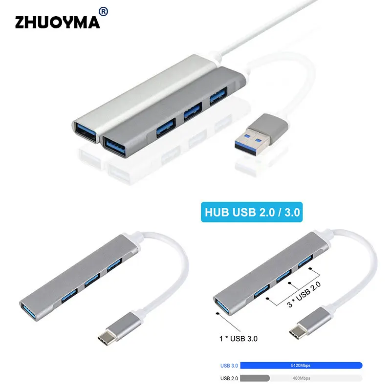 USB Tipo C Multi Splitter para PC, USB 3.0, USB 2.0, Alta Velocidade, 5Gbps, Multiporta A, Porta