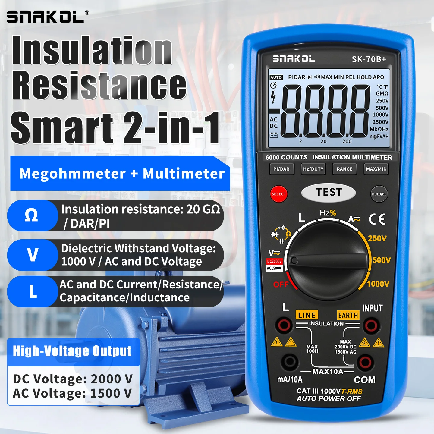 SNAKOL SK‑70B+ Insulation Multimeter Megohmmeter 5999 Counts True‑RMS 250‑1000V Resistance Tester AC DC V/A Electrician Tool