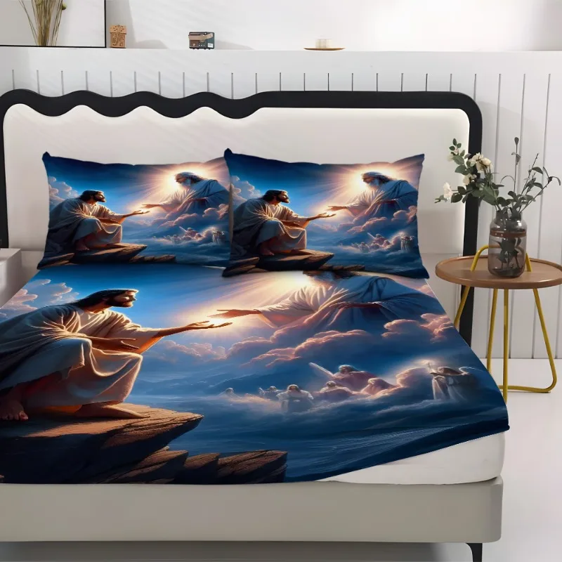 3pcs Creation God and Human Fitted Sheet Set 1*Fitted Sheet + 2*C Pillowcases, Coreless, Heaven and Gods Soft Comfortable