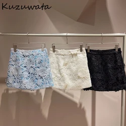 Kuzuwata a-line z wysokim stanem urocza koronka elegancka Faldas Slim Fit z wycięciami trójwymiarowa spódnica w kwiaty japonia nowa Moda Falda