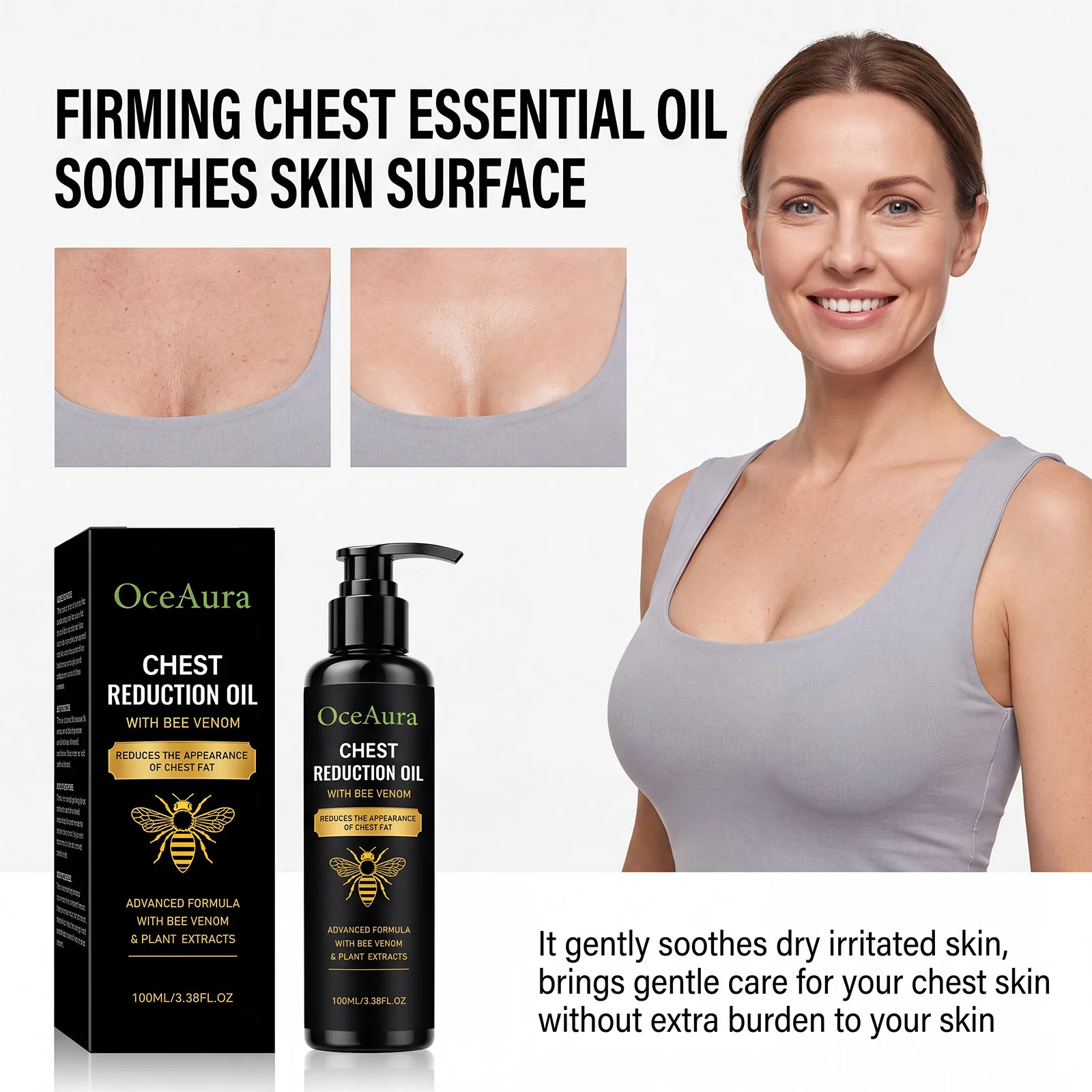 Aceite nutritivo para el pecho, aceite esencial hidratante suave y duradero para el pecho, piel tersa y voluminosa, absorción rápida, no grasa, cuidado diario