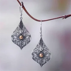Ethnic Silver Color Round Brown Stone Hook Earrings Vintage Metal Carving Hollow Spiral Pattern Dangle Earrings for Women